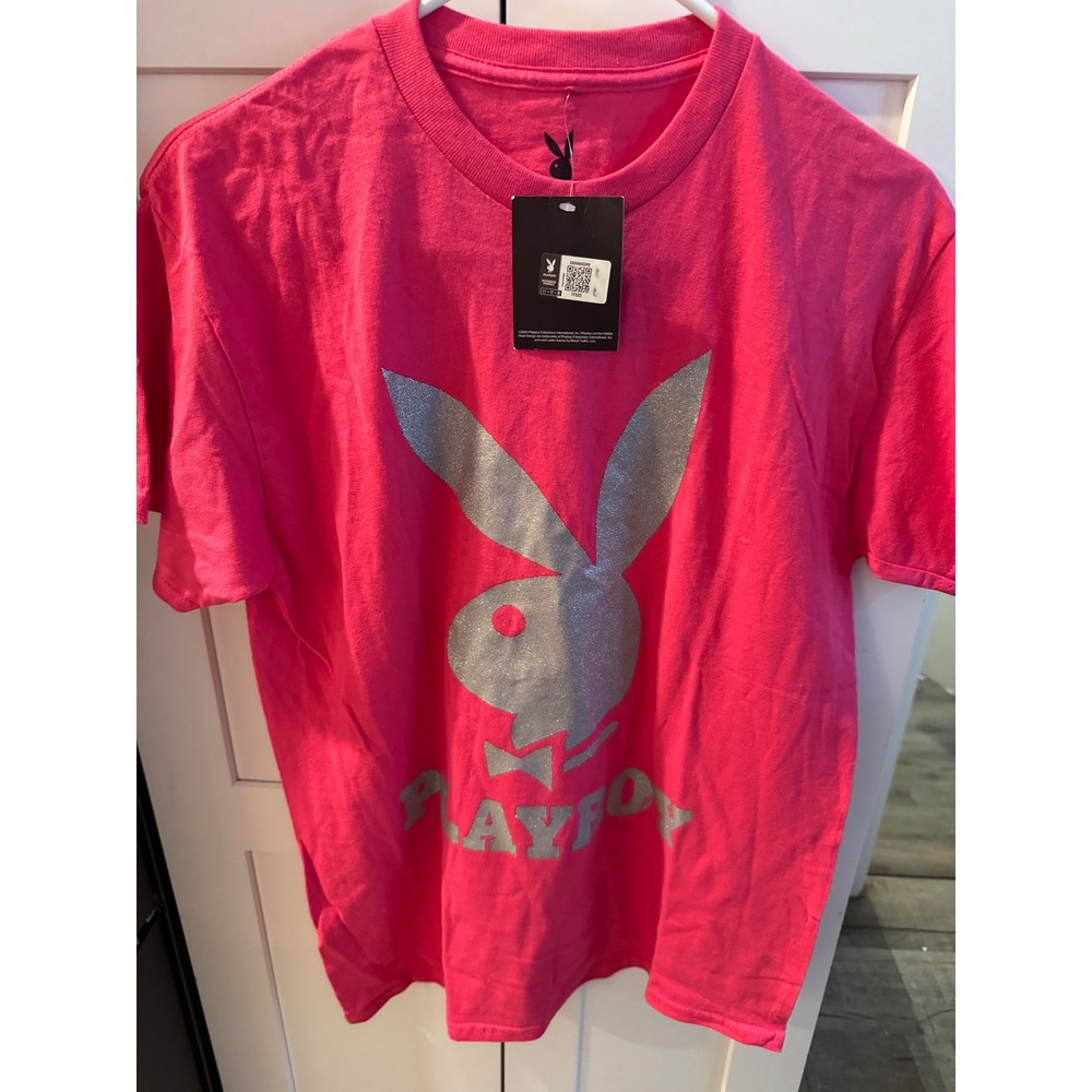 Playboy Pink Glitter Bunny‎ Logo Graphic T-Shirt Medium NWT